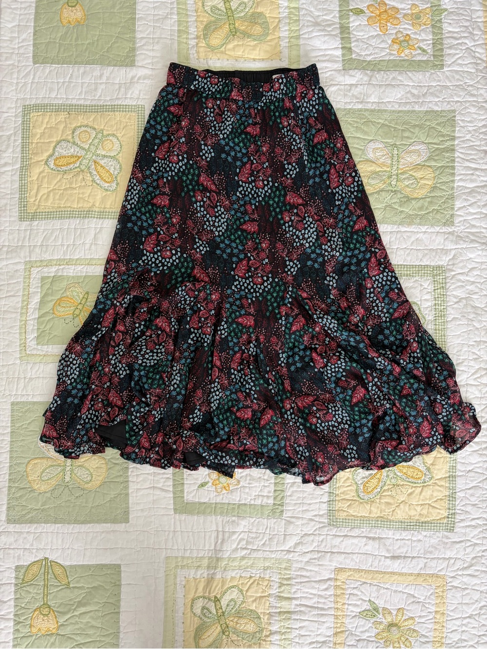 LOFT Black Maxi Skirt with Pink & Teal Floral Print - Picture 2 of 5